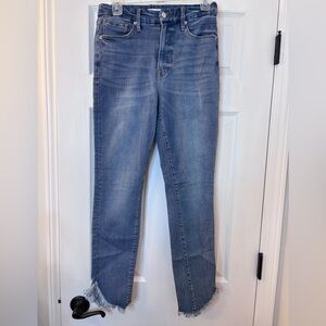 Good American Washed Blue Frayed-Hem Ankle Jeans